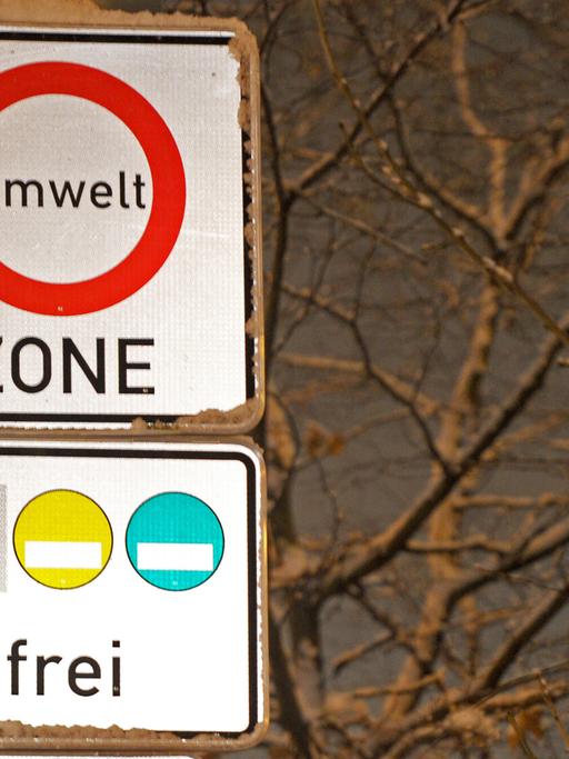 Zwei Verkehrsschilder übereinander: das obere weist auf eine Umweltzone hin, das untere erlaubt nur Fahrzeuge mit gelben und grünen Umweltplaketten.