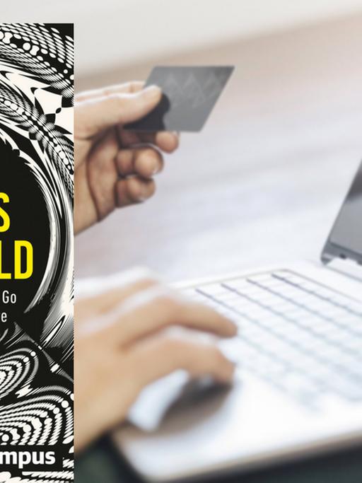 Hintergrund: Online zahlender Mann mit Kreditkarte (Symbolfoto); Vordergrund: Buchcover