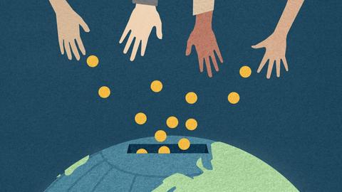 Illustration: Mehrere Hände spenden Geld in eine Welt-Sparbüchse mit Schlitz.