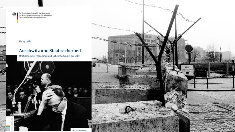 Auf dem Buchcover von Henry Leide: "Auschwitz und Staatssicherheit" ist der ehemalige stellvertretende SS-Standort und Lagerarzt Dr. Horst Fischer während seines Prozesses vor dem Obersten Gericht der DDR im März 1966 abgebildet. Im Hintergrund Berliner Mauer mit Stacheldraht am Potsdamer Platz am 30. September 1961 in schwarz weiß.