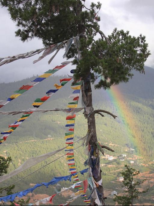 Gebetsfahnen flattern an einem Baum vor einem Regenbogen oberhalb von Thimphu in Bhutan, aufgenommen am 14.07.2013. In dem winzigen Himalaya-Königreich leben viele Menschen noch ein spirituelles Leben. Doch das Land öffnet sich langsam der Außenwelt.