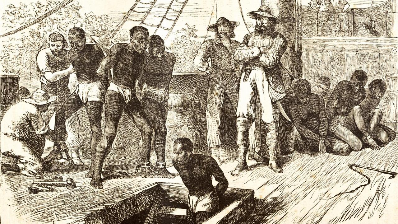 Sklaven auf einem Schiff um 1881.