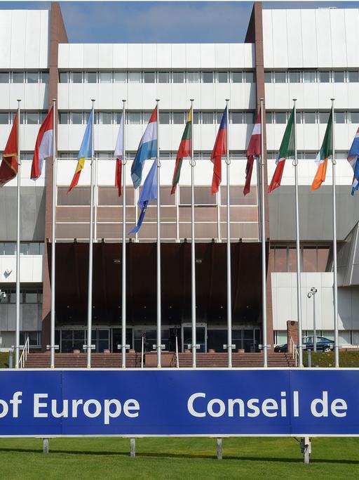 Das Gebäude des Europarats in Straßbourg und davor eine Vielzahl europäischer Flaggen.