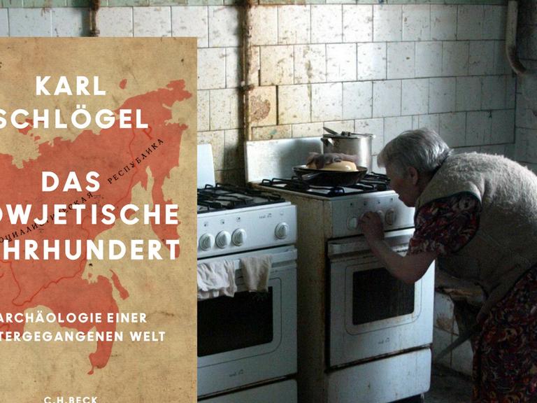 Buchcover: Karl Schlögel "Das sowjetische Jahrhundert" vor dem Hintergrund einer Kommunalka-Küche