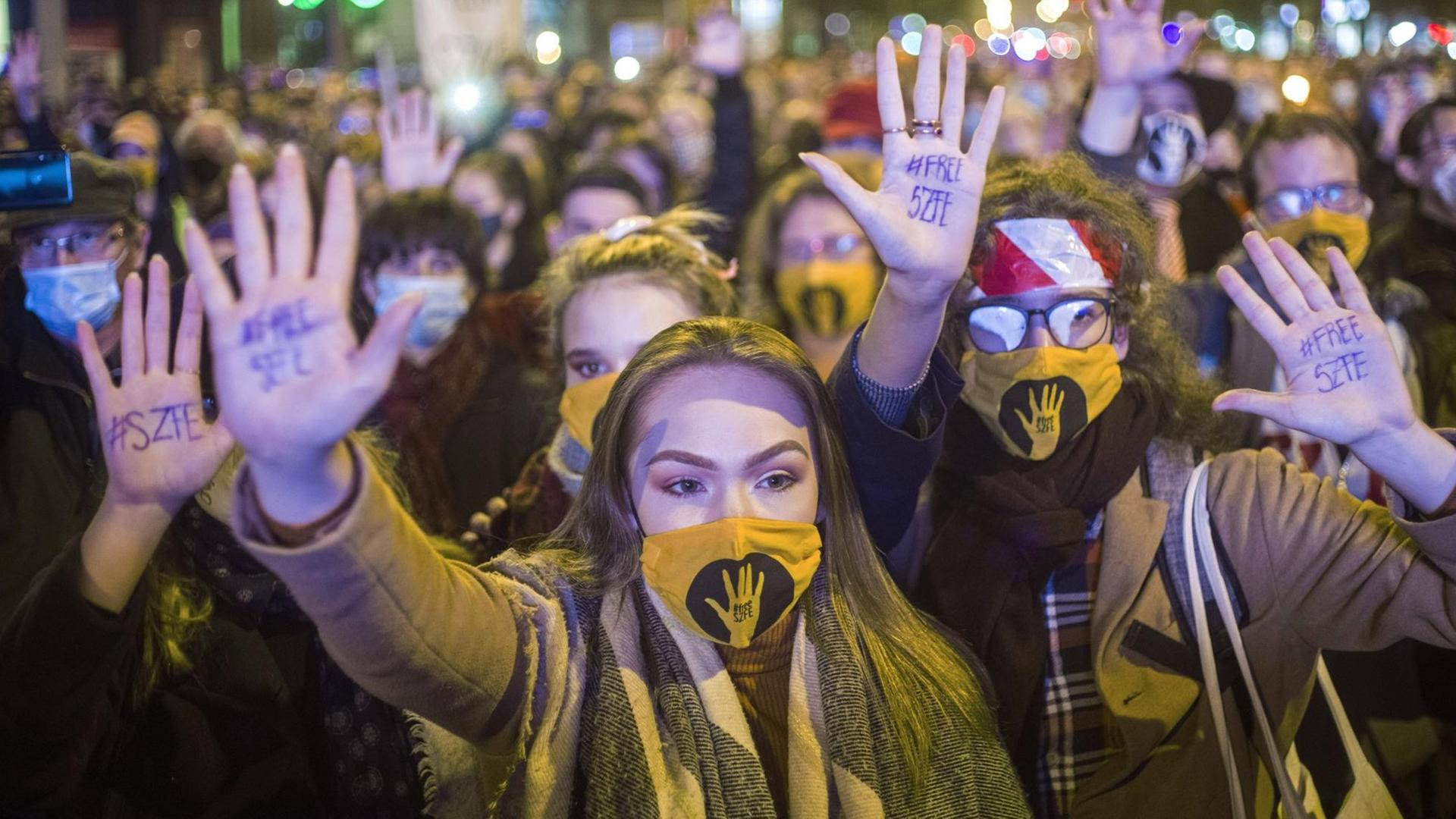 Demonstranten in Budapest protestieren gegen die Besetzung von Führungspositionen an der Hochschule für Film- und Theaterkunst durch Gefolgsleute des Ministerpräsidenten Orbán. Teilnehmer der Demo zeigen das Logo Free SZFE der studentischen Initiative zur Wiedergewinnung der Hochschulautonomie.