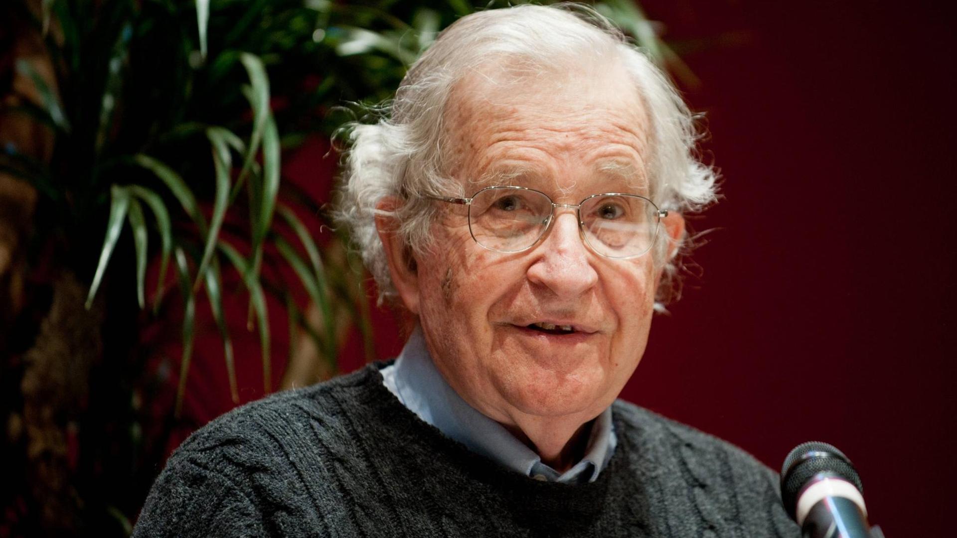 Noam Chomsky trägt legere Kleidung und blickt in die Kamera