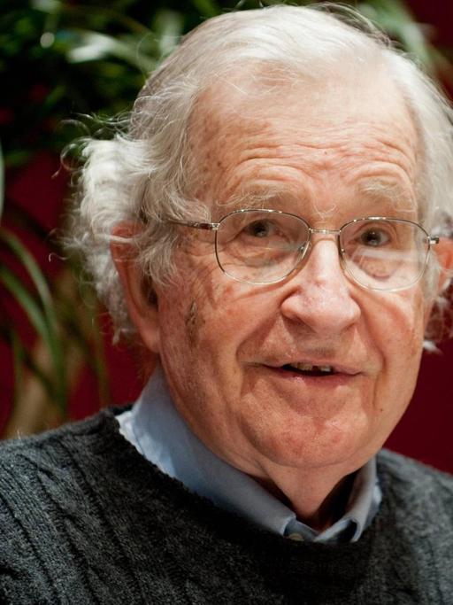 Noam Chomsky trägt legere Kleidung und blickt in die Kamera