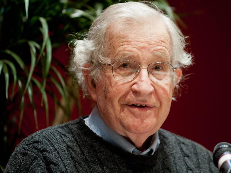 Noam Chomsky trägt legere Kleidung und blickt in die Kamera