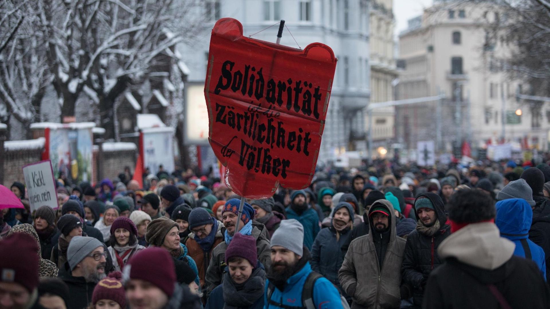 Proteste zum 1. Jahrestag der Regierungsbildung von ÖVP und FPÖ in Wien. Eine Menschenmenge in einem verschneiten Straßenzug, ein Mann hält ein rotes Transparent mit der Aufschrift: "Solidarität ist die Zärtlichkeit der Völker" hoch.