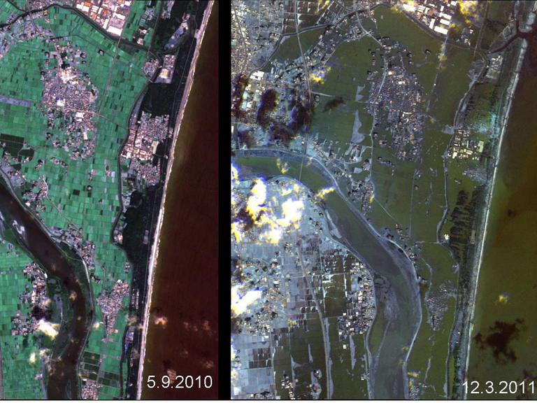 Ein Satellitenbild, das die Lage vor und nach dem Erdbeben in Japan zeigt.