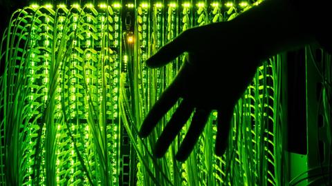 Ein Mann hält seine Hand vor einen Glasfaserkabel-Verteilerpunkt in Neumünster.