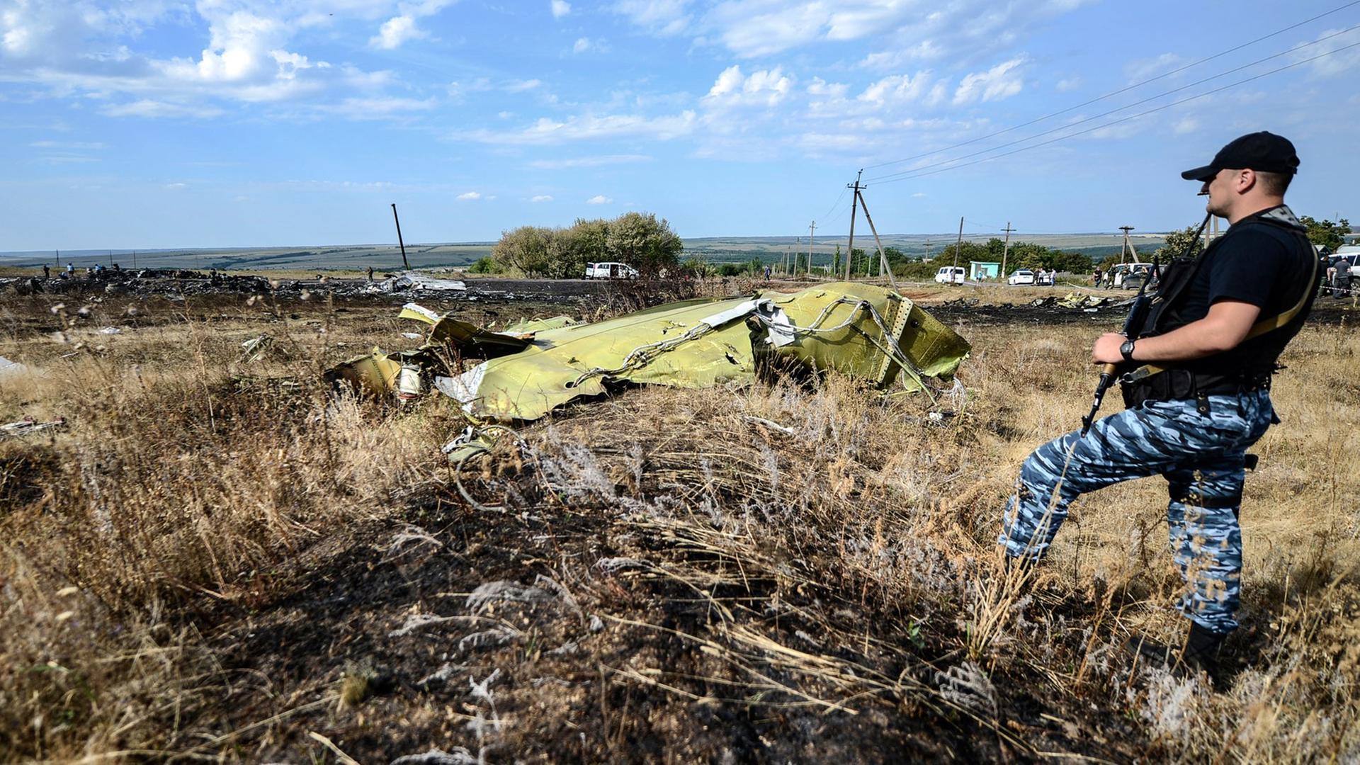 Ein pro-russischer Kämpfer bewacht die Absturzstelle des Flugs MH17 bei Donezk.