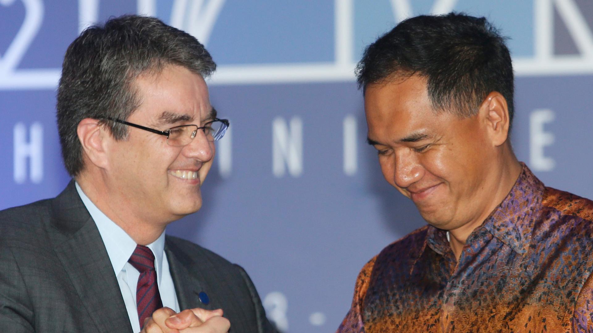 WTO-Generalsekretär Roberto Azevedo (links) und Indonesiens Handelsminister Gita Wirjawan schütteln sich die Hände nach der Einigung auf ein globales Handelsabkommen.