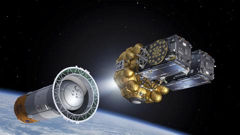 Die Computergrafik zeigt die Aussetzung der Galileo-Satelliten 5 und 6