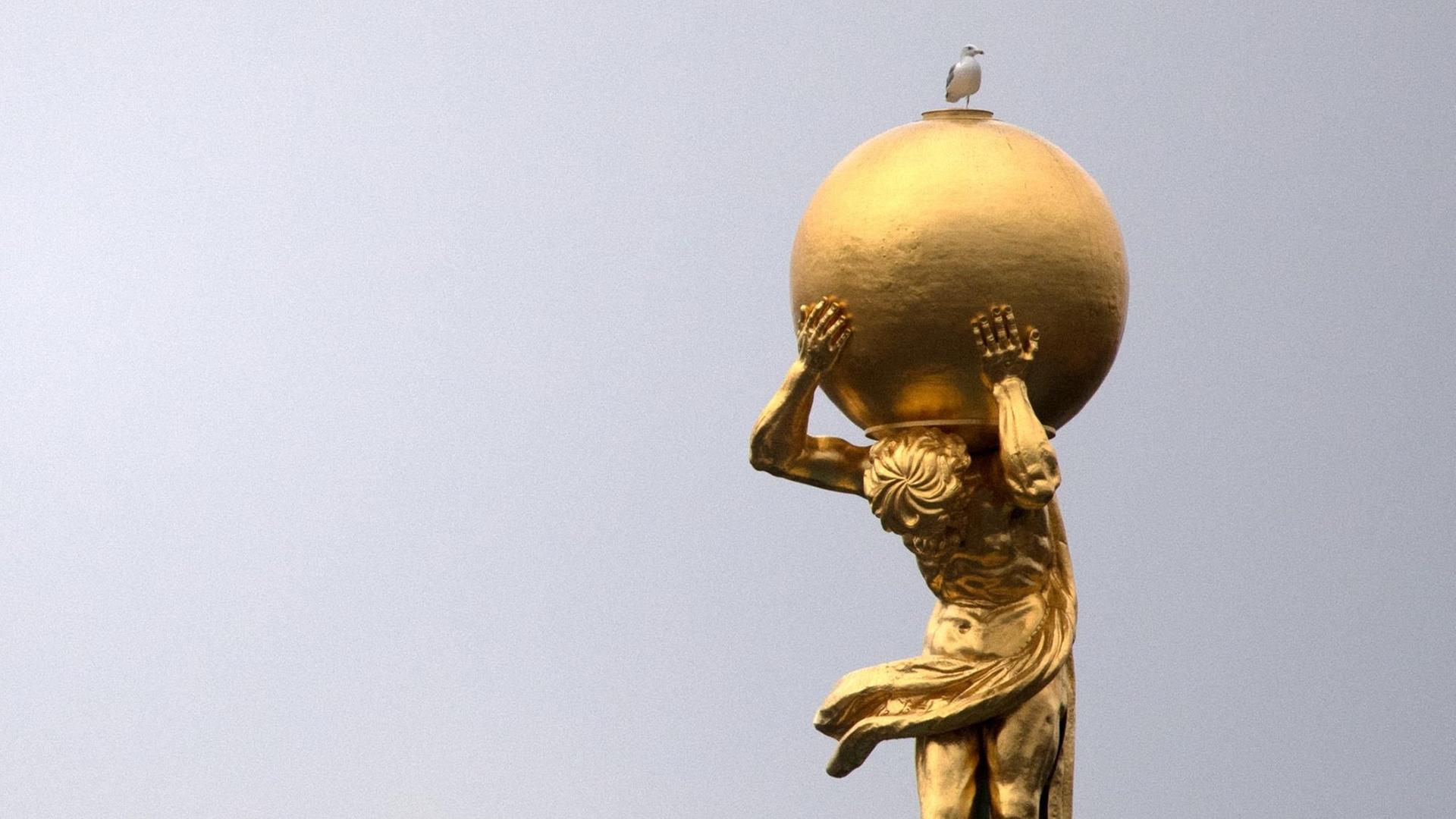 Eine Möwe steht am 02.11.2017 in Potsdam (Brandenburg) bei herbstlichem Wetter auf einer Weltkugel, die eine vergoldete Atlas-Figur auf dem Alten Rathaus in Potsdam (Brandenburg) trägt.