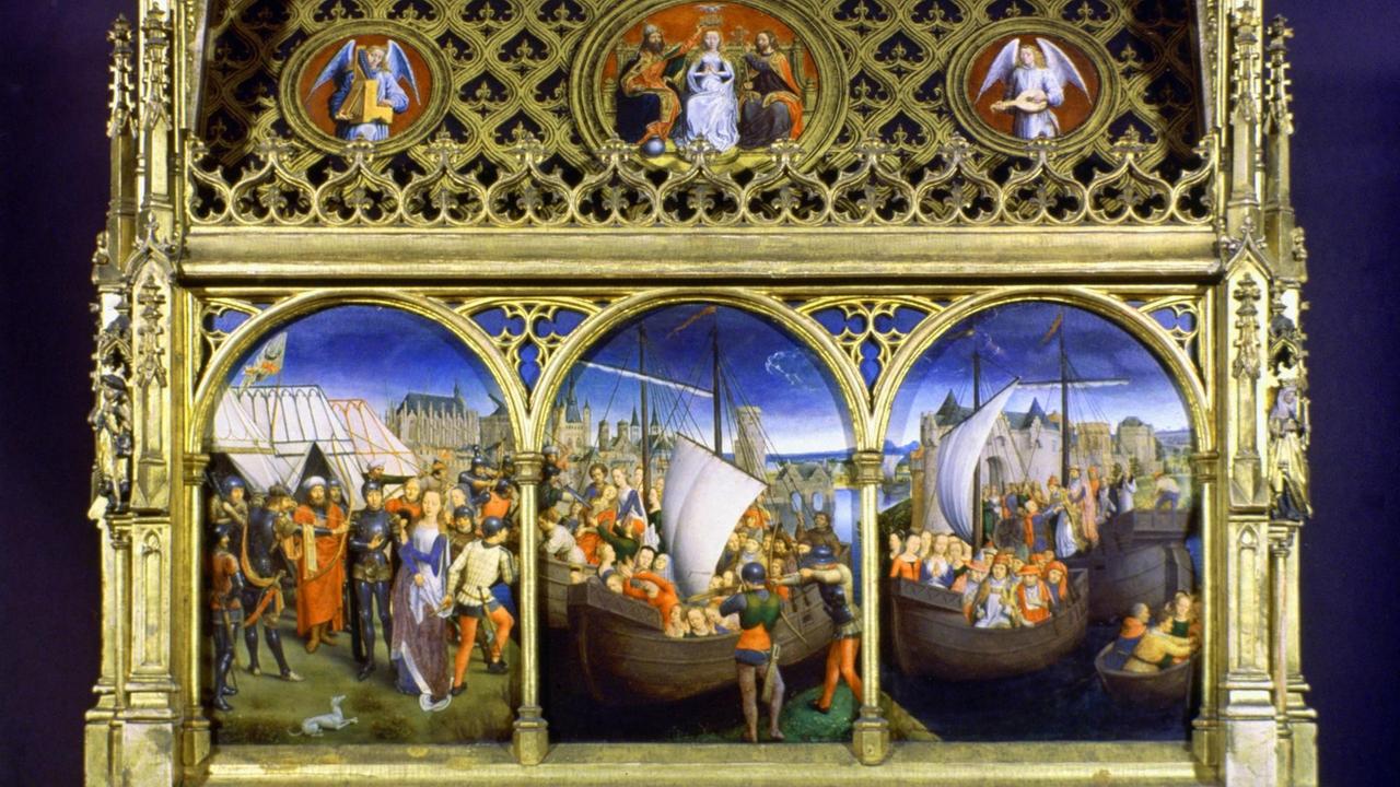 Die Malereien auf dem Ursulaschrein von 1489 zeigen das "Martyrium der Heiligen Ursula", die der Legende nach zusammen mit 11.000 anderen Jungfrauen von den Hunnen bei der Belagerung von Köln im Jahr 381 getötet wurde. (Memlingmuseum, Brügge) 