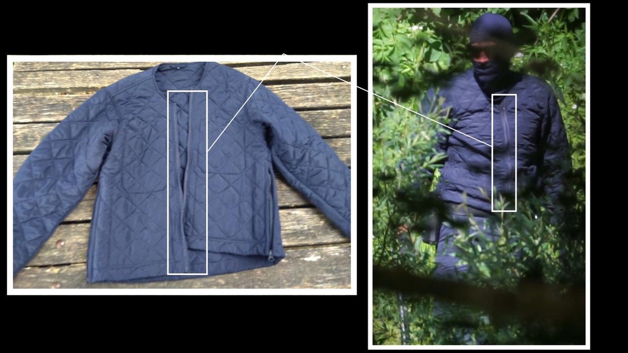 Zwei Fotos nebeneinander zeigen einmal eine Jacke und eine Jacke, die ein Uniformierter aus dem Video trägt
