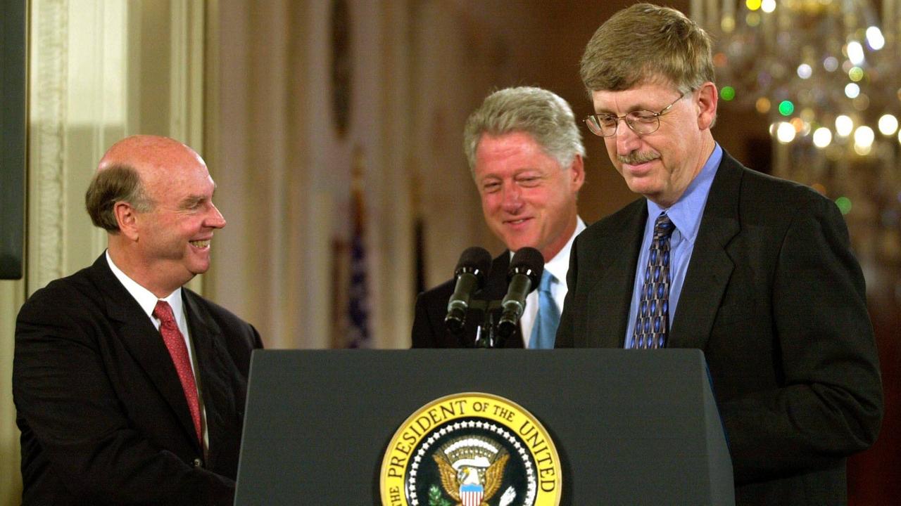 Dr. Craig Venter mit US-Präsident Bill Clinton und Dr. Francis Collins während einer Pressekonferenz anlässlich des Human Genome Projekts in Washington