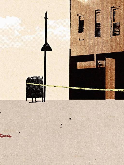 Illustration: Ein Mann untersucht einen Blutfleck auf der Straße.