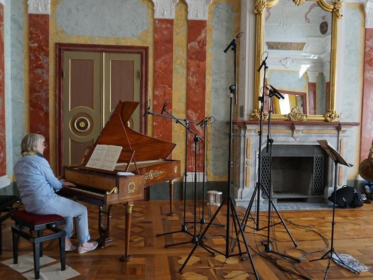 In einem barocken Festsaal spielen eine Musikerin an einem historischen Hammerklavier und ein Hornist zwischen Mikrofonstativen.