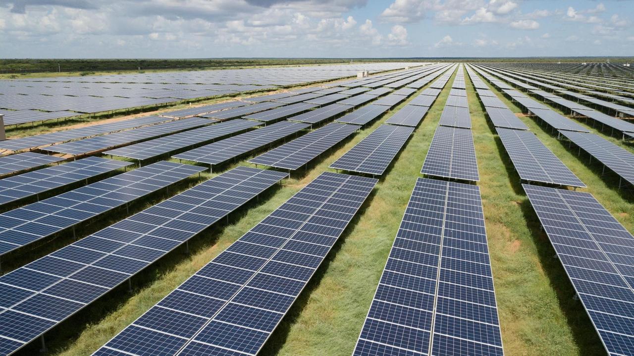 Lange Reihen mit Solarpaneelen auf einer Wiese.
