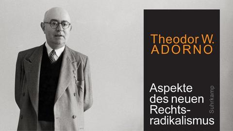 Buchcover: Theodor W. Adorno: Aspekte des neuen Rechtsradikalismus. Ein Vortrag. Suhrkamp Verlag; Hintergrundbild links: Adorno steht in seinem Büro am Schreibtisch. Aufnahme von 1958
