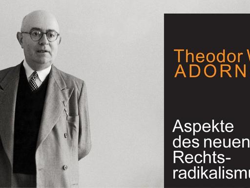 Buchcover: Theodor W. Adorno: Aspekte des neuen Rechtsradikalismus. Ein Vortrag. Suhrkamp Verlag; Hintergrundbild links: Adorno steht in seinem Büro am Schreibtisch. Aufnahme von 1958