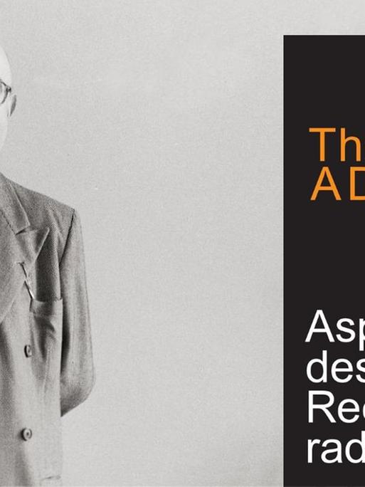 Buchcover: Theodor W. Adorno: Aspekte des neuen Rechtsradikalismus. Ein Vortrag. Suhrkamp Verlag; Hintergrundbild links: Adorno steht in seinem Büro am Schreibtisch. Aufnahme von 1958