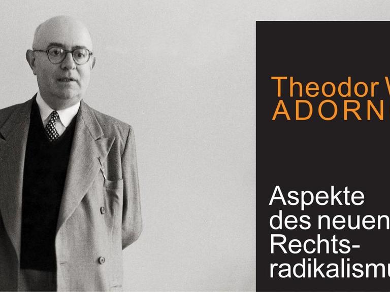 Buchcover: Theodor W. Adorno: Aspekte des neuen Rechtsradikalismus. Ein Vortrag. Suhrkamp Verlag; Hintergrundbild links: Adorno steht in seinem Büro am Schreibtisch. Aufnahme von 1958