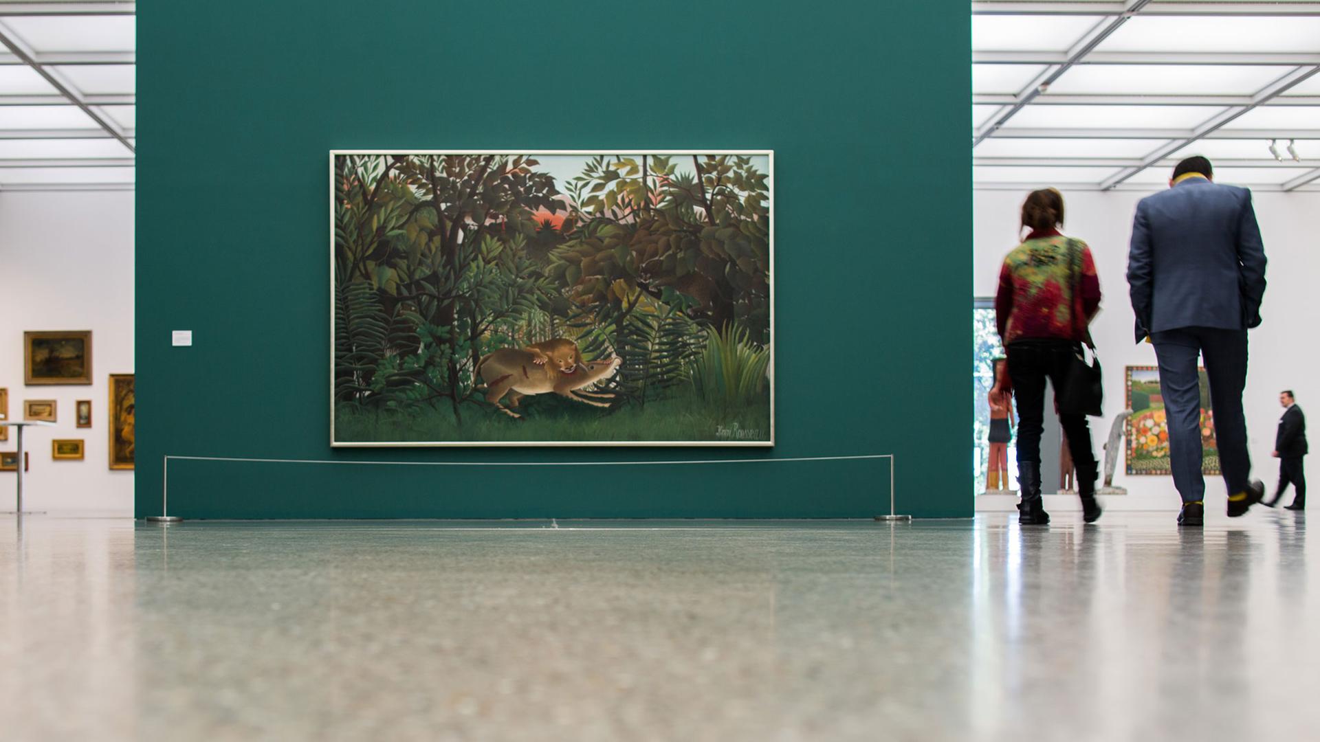 Henri Rousseaus Werk "Der hungrige Löwe wirft sich auf die Antilope" in der Ausstellung "Der Schatten der Avantgarde - Rousseau und die vergessenen Meister" im Folkwang Museum in Essen