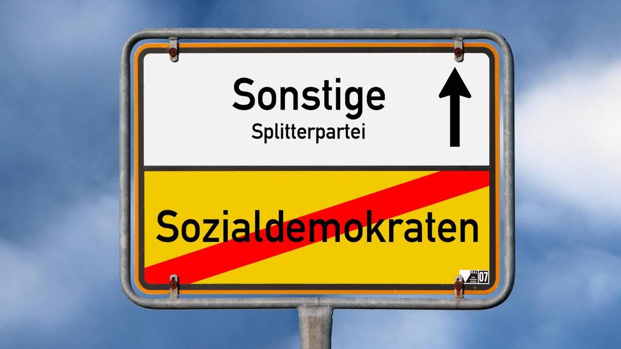 Ein Verkehrsschild, auf dem das Wort Sozialmokraten rot durchgestrichen ist und ein Pfeil Richtung "Sonstige. Splitterpartei" weist.