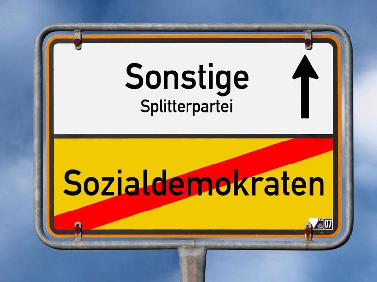 Ein Verkehrsschild, auf dem das Wort Sozialmokraten rot durchgestrichen ist und ein Pfeil Richtung "Sonstige. Splitterpartei" weist.