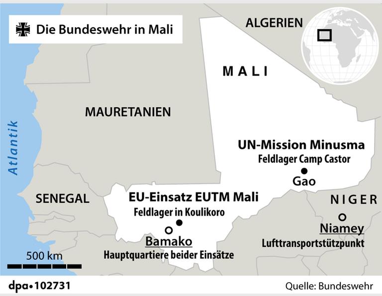 Grafik-Karte Nr. 102731, Querformat 90 x 70 mm, "Die Bundeswehr in Mali"; Grafik: A. Brühl; Redaktion: D. Loesche