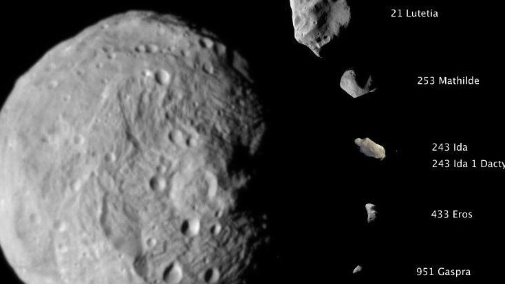 Die bislang von Raumsonden besuchten Asteroiden im Größenvergleich. 