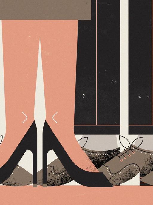 Beine und Füße einer Geschäftsfrau zwischen Geschäftsmännern