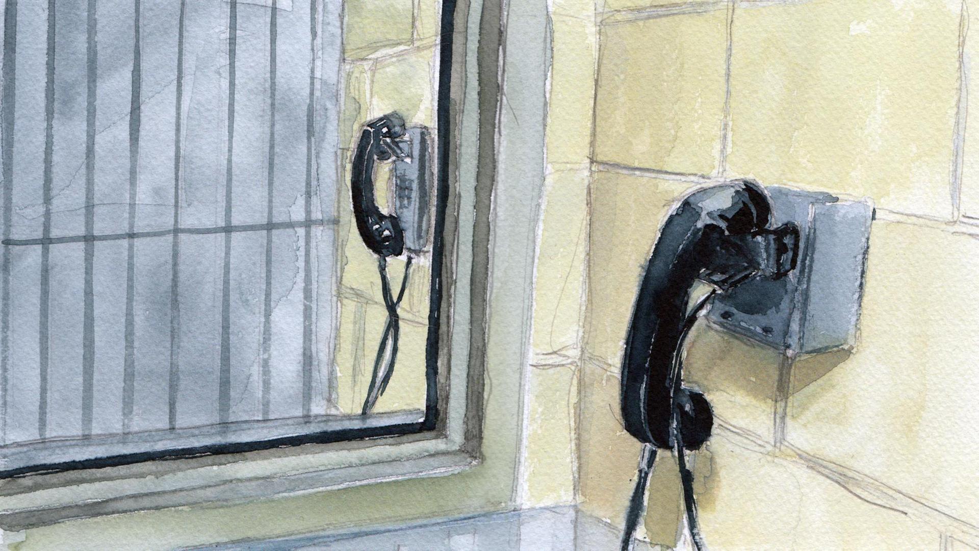 Illustration: Ein Telefon hängt an einer Wand.