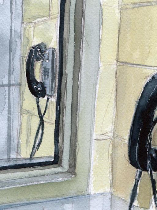 Illustration: Ein Telefon hängt an einer Wand.
