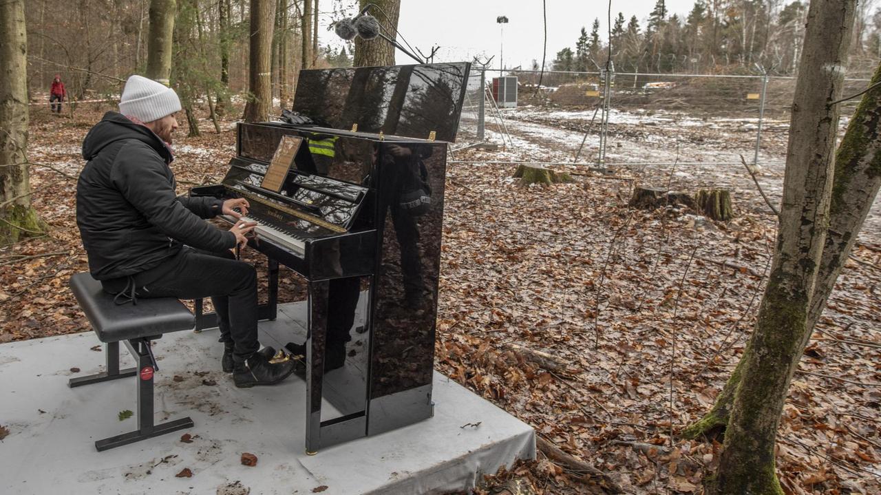 Der Pianist Igor Levit spielt am Rande einer kahl geschlagenen Schneise im Dannenröder Forst. 