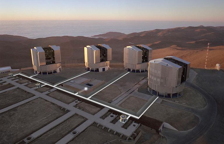 Beim Very Large Telescope Interferometer (VLTI) der Europäischen Südsternwarte werden die von bis zu vier Teleskopen aufgefangenen Lichtstrahlen überlagert 