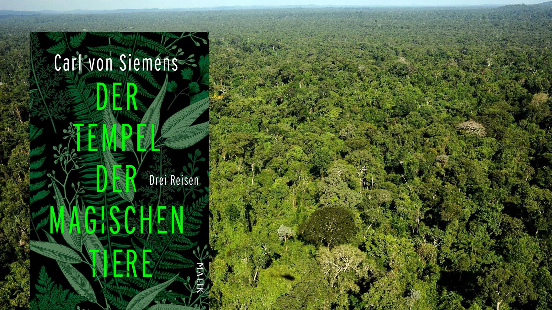 Cover des Buchs "Der Tempel der magischen Tiere" von Carl von Siemens vor einem Bild von Ureinwohnern im peruanischen Amazonasgebiet