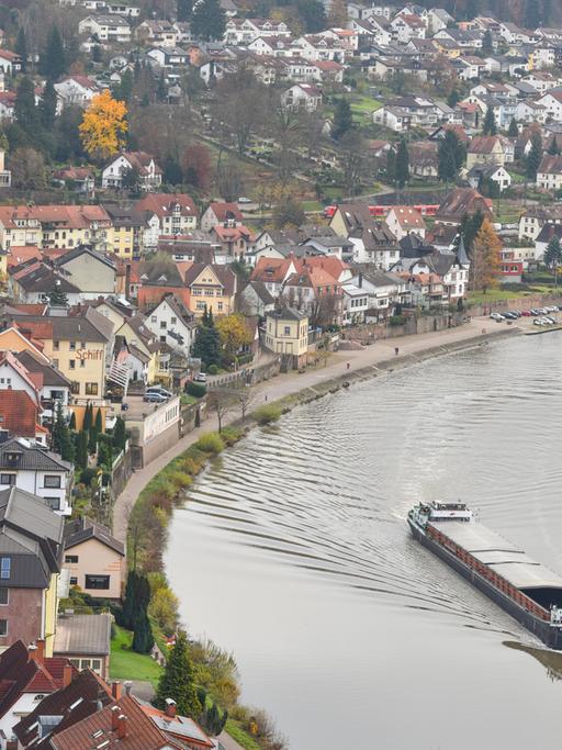 Ein Schiff fährt auf dem Neckar an Neckarsteinach vorbei.