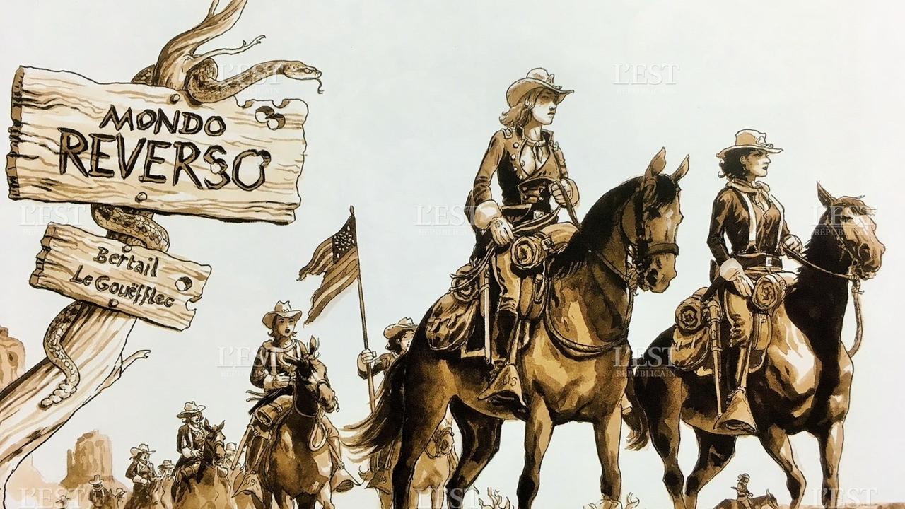 Frauen auf Pferden wie sonst Männer der amerikanischen Atillerie reiten durch den Wilden Westen.
