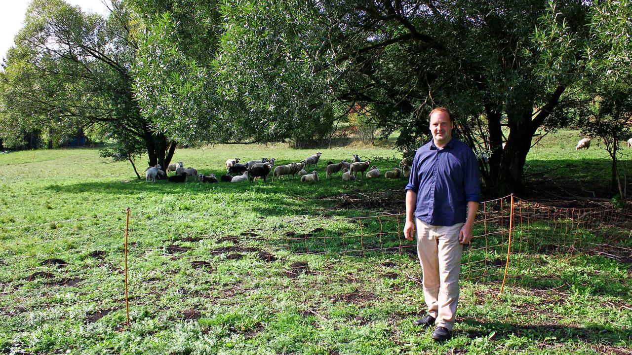 Bio-Landwirt und Grünen-Politiker Karl Breitenseer steht auf einer Wiese. Im Hintergrund Bäume und seine Schafherde