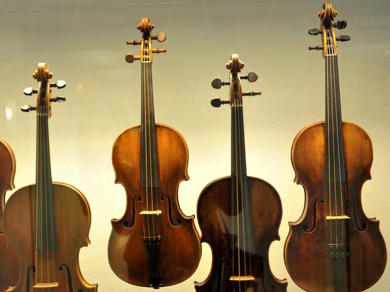 Geigen hängen im Geigenbaumuseum in Mittenwald (Oberbayern).