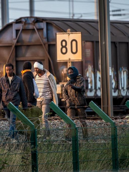 Migrants who successfully crossed the Eurotunnel terminal walk on the side of the railroad as they try to reach a shuttle to Great Britain