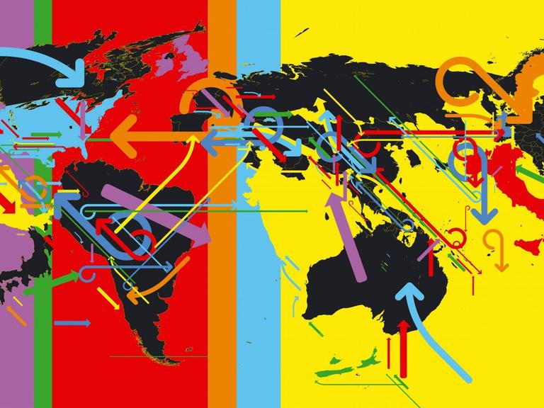 Eine Weltkarte auf der die Länder verrutscht sind und Pfeile in verschiedenste Richtungen zeigen.