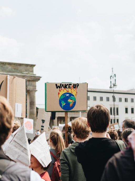 Junge Menschen protestieren am Brandenburger Tor in Berlin gegen die Erderwärmung, auf einem Schild steht "Wake up / Wacht auf".