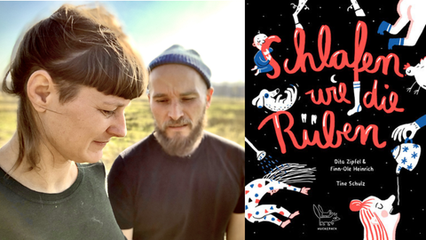 Ein Portrait von Dita Zipfel und Fin-Ole Heinrich und das Cover ihres gemeinsamen Buches „Schlafen wie die Rüben“
