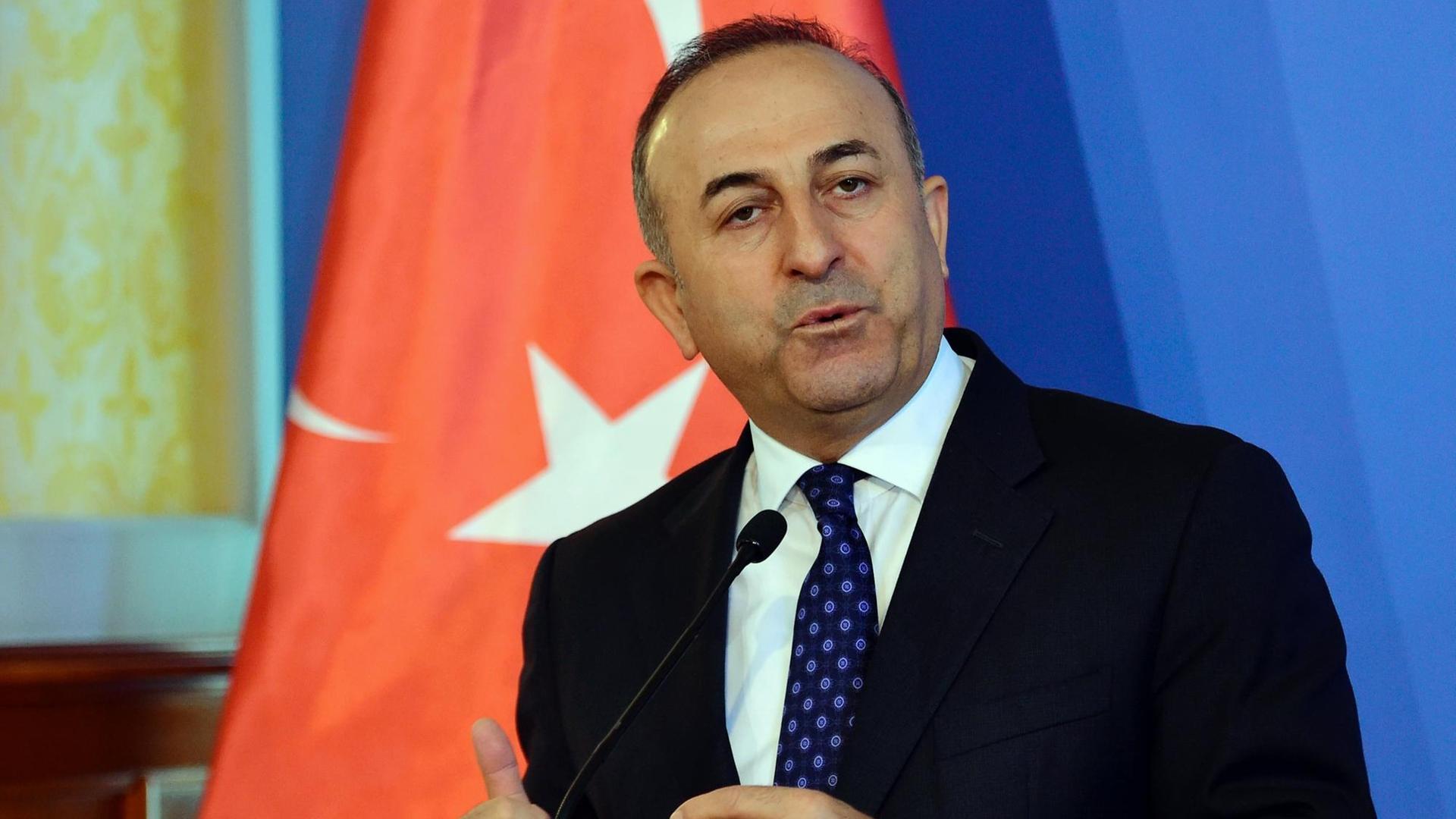 Der türkische Außenminister Mevlut Cavusoglu spricht bei einer Pressekonferenz.