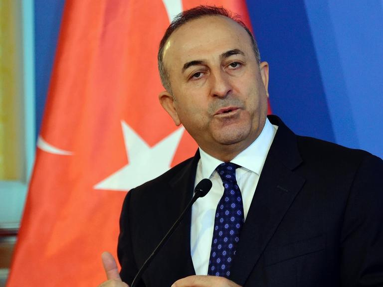 Der türkische Außenminister Mevlut Cavusoglu spricht bei einer Pressekonferenz.
